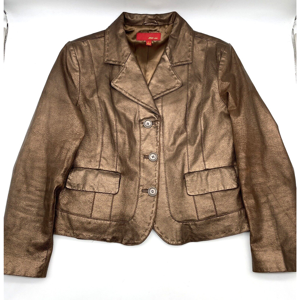 Vintage Max USA Metallic Copper Brown Genuine Leather Button Down Jacket Size L